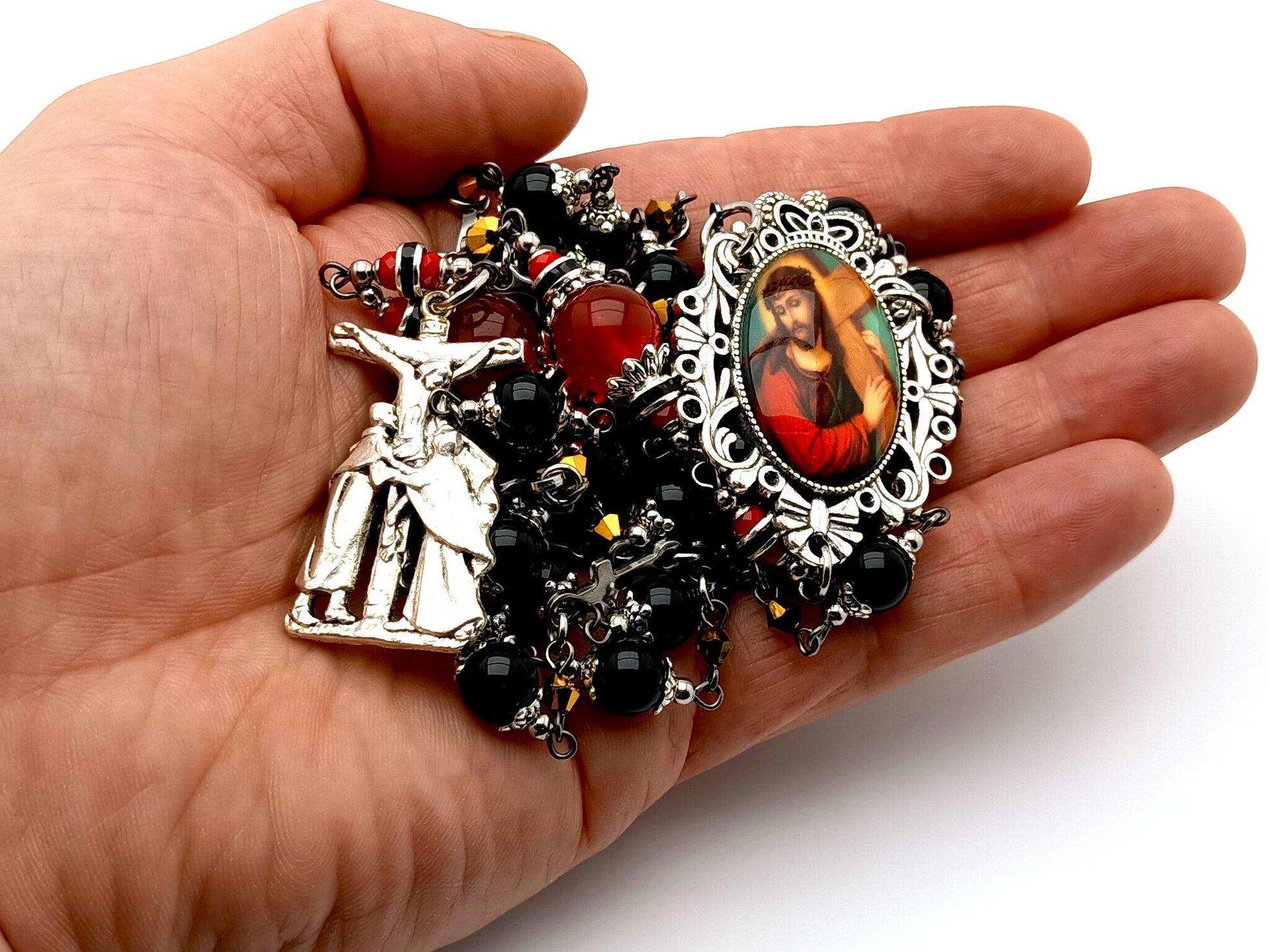 Station of the cross unique rosary beads prayer chaplet with onyx and ruby gemstone, stainless steel cross beads and Virgin Mary and Saint John crucifix.
