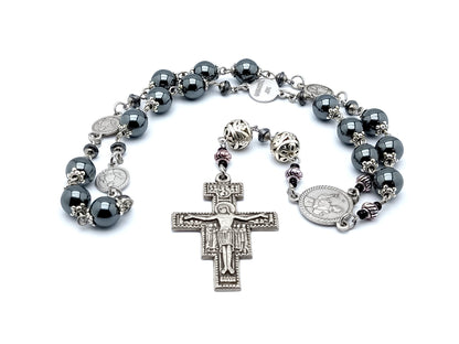 Saint Francis of Assisi unique rosary beads prayer chaplet with hematite gemstone and tibetan silver beads and Saint Francis prayer crucifix.