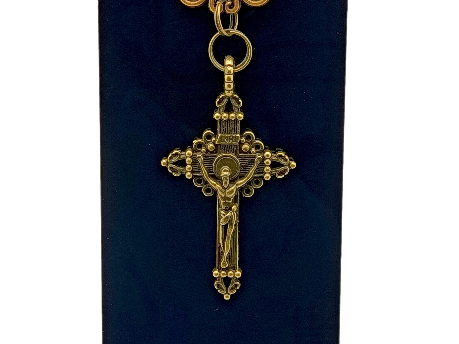 Two Hearts of Jesus and Mary unique rosary beads purse clip keychain with brass filigree crucifix and Saint Benedict linking medals