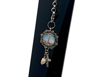 The Crucifixion unique roasry beads purse clip key chain with picture medal, memento mori and Virgin Mary crucifix.