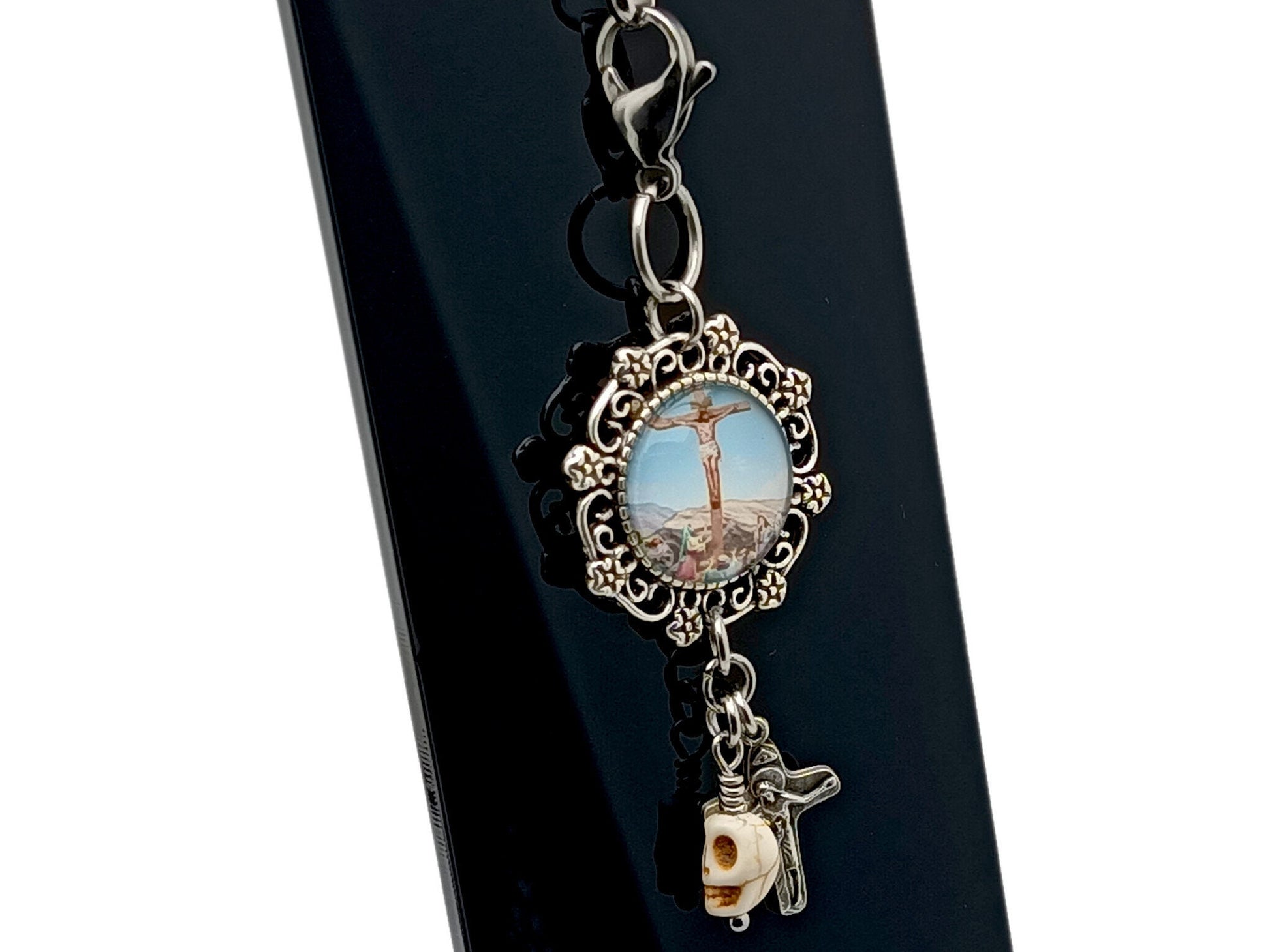 The Crucifixion unique roasry beads purse clip key chain with picture medal, memento mori and Virgin Mary crucifix.