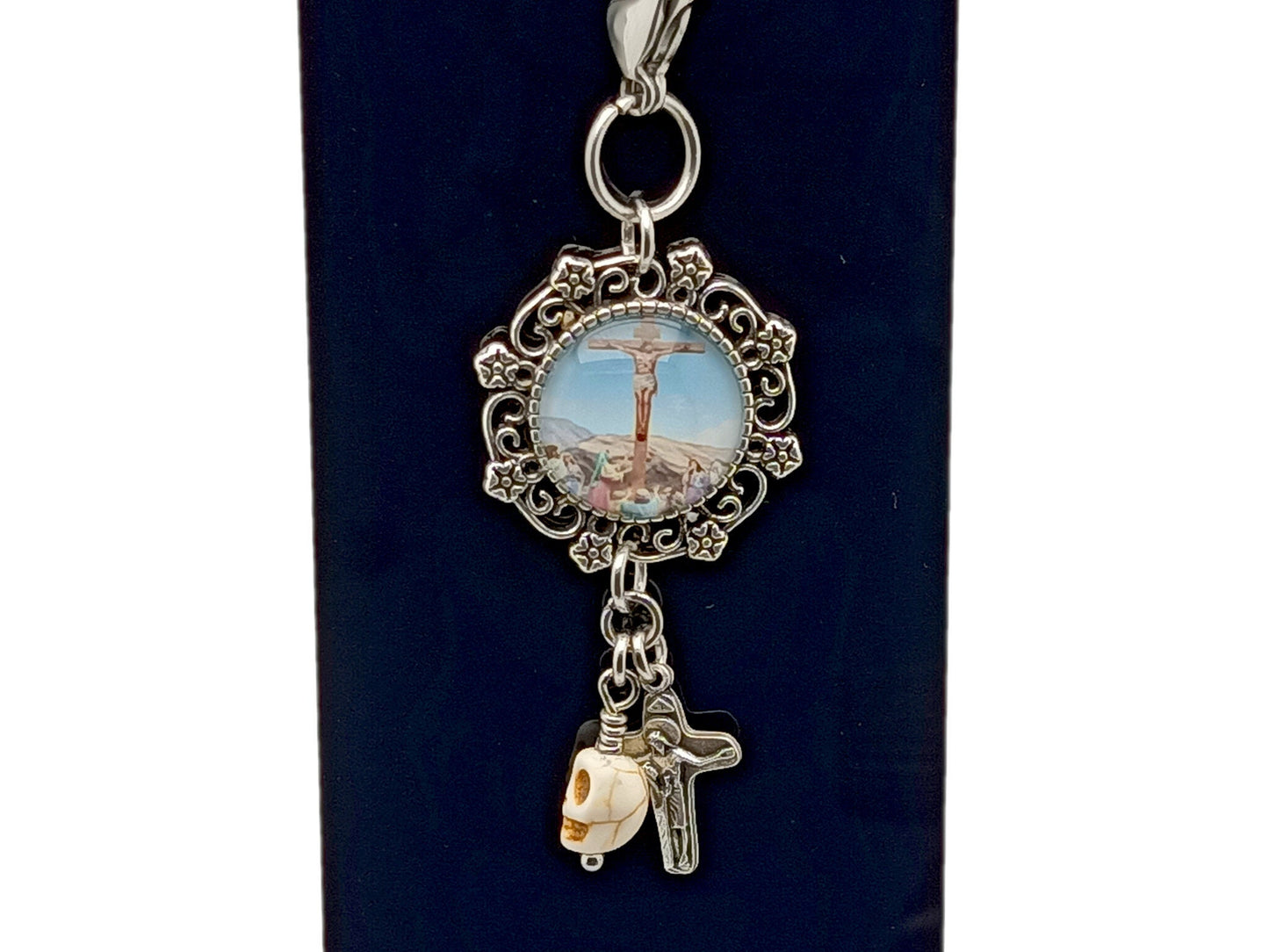 The Crucifixion unique roasry beads purse clip key chain with picture medal, memento mori and Virgin Mary crucifix.