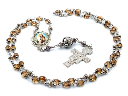 Saint Anthony of Padua unique rosary beads prayer chaplet with amber glass beads, Saint Anthony picture medal and crucifix with silver Bali bead.