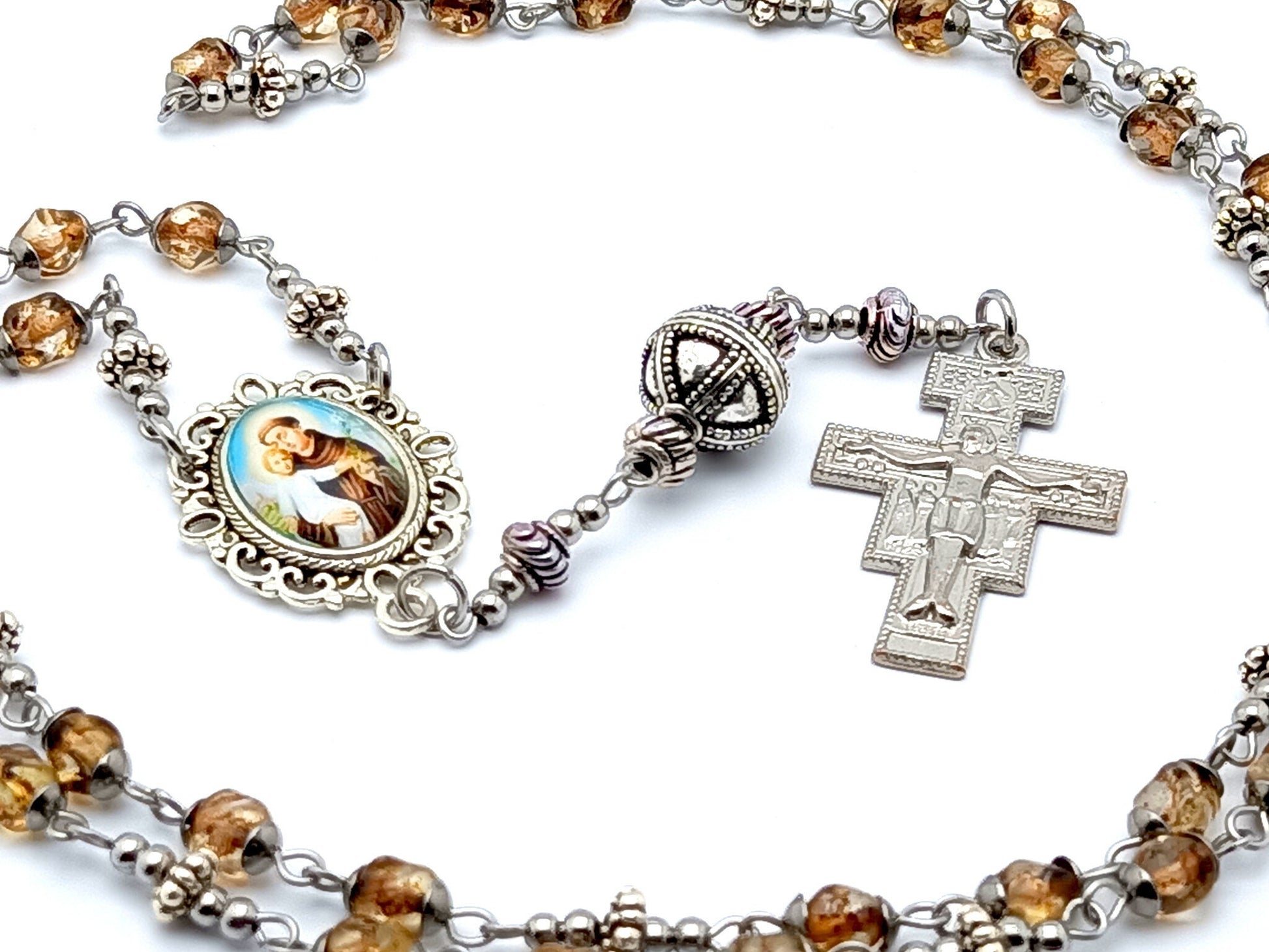 Saint Anthony of Padua unique rosary beads prayer chaplet with amber glass beads, Saint Anthony picture medal and crucifix with silver Bali bead.