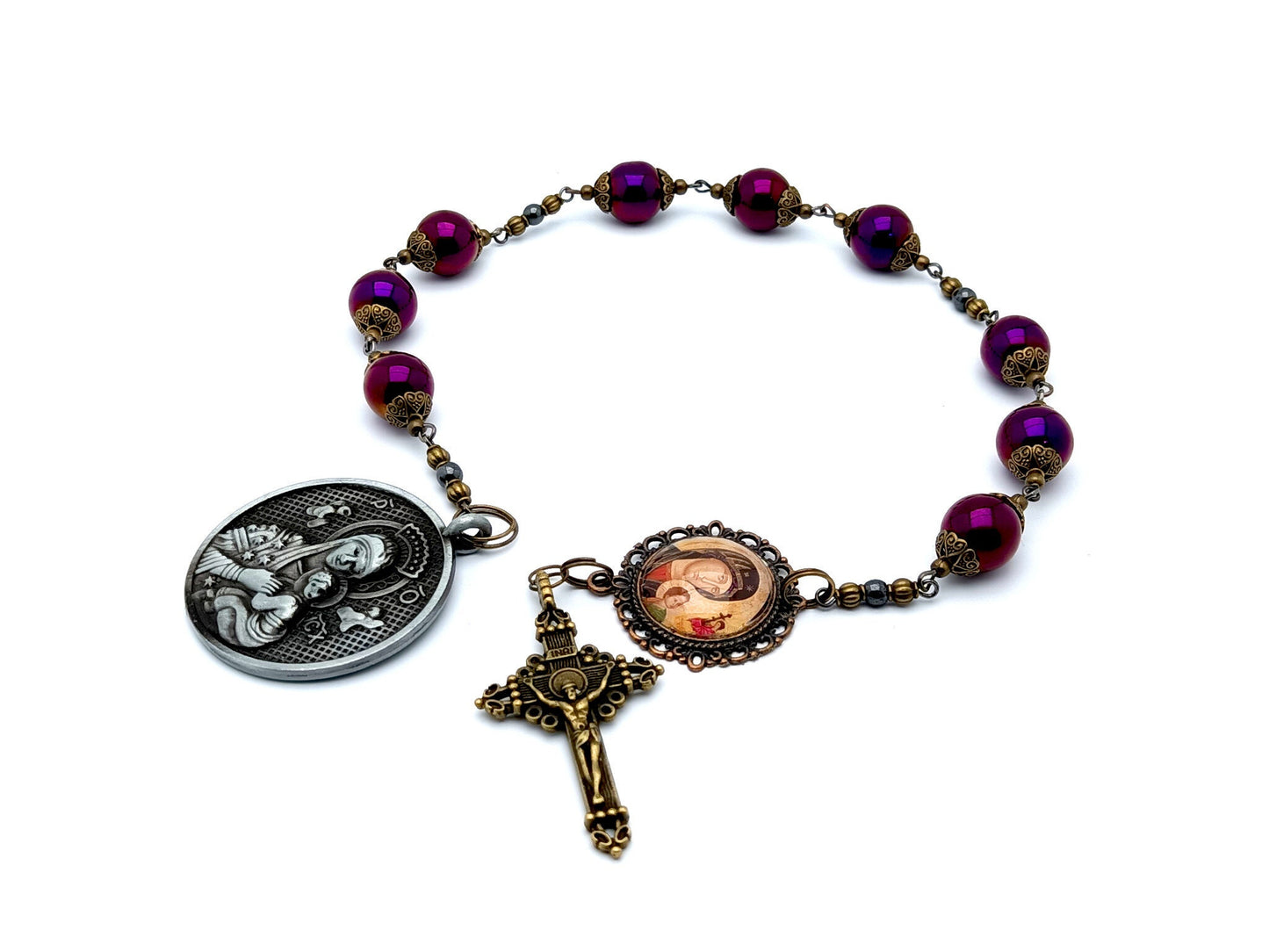 Our Lady of Perpetual Succour unique rosary beads prayer chaplet with purple and brass beads, Our Lady of Perpetual Help domed picture medals and brass crucifix.