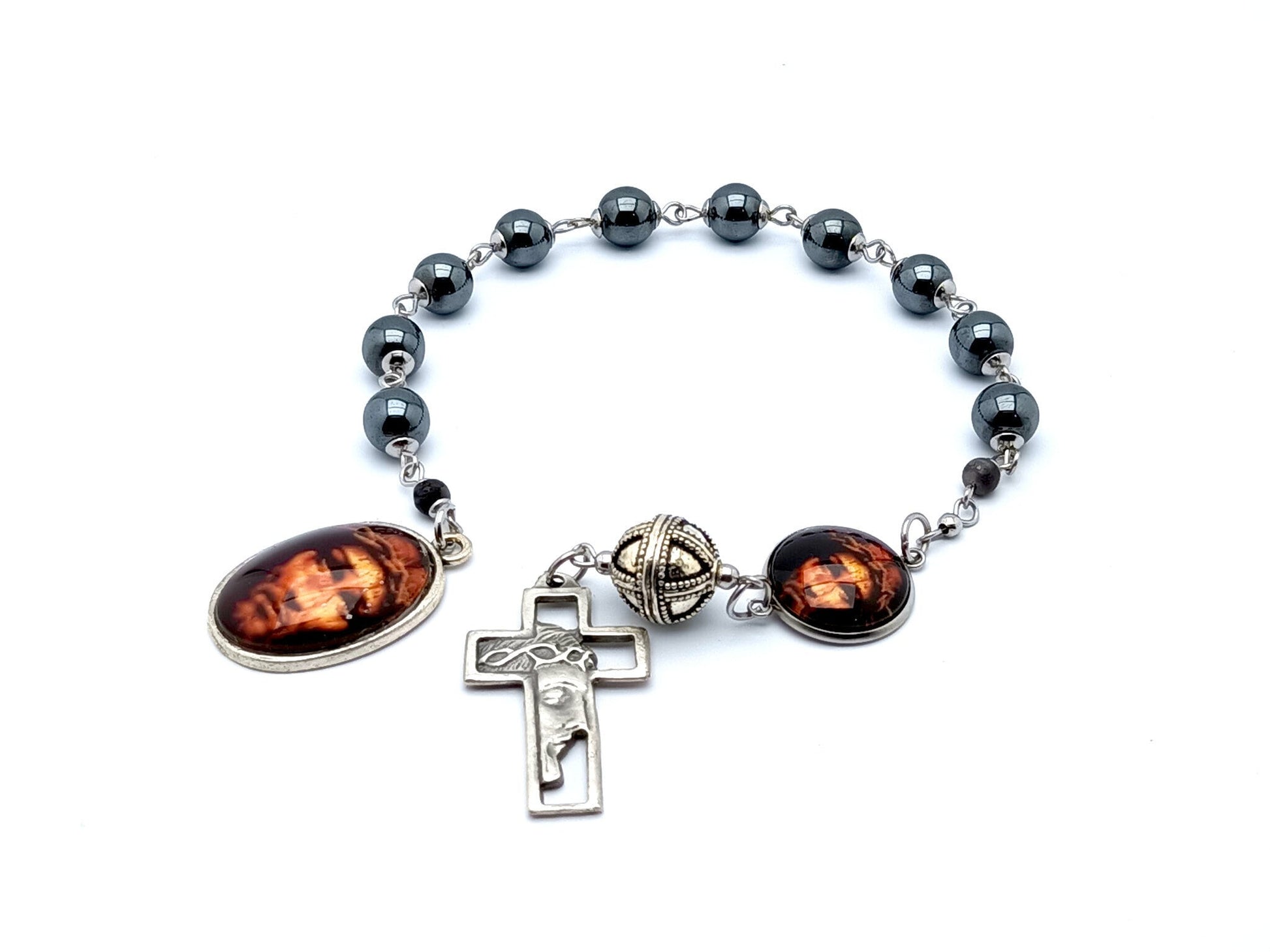 Holy Face of Jesus unique rosary beads hematite gemstone single decade rosary beads with Crowning with Thorns cross.