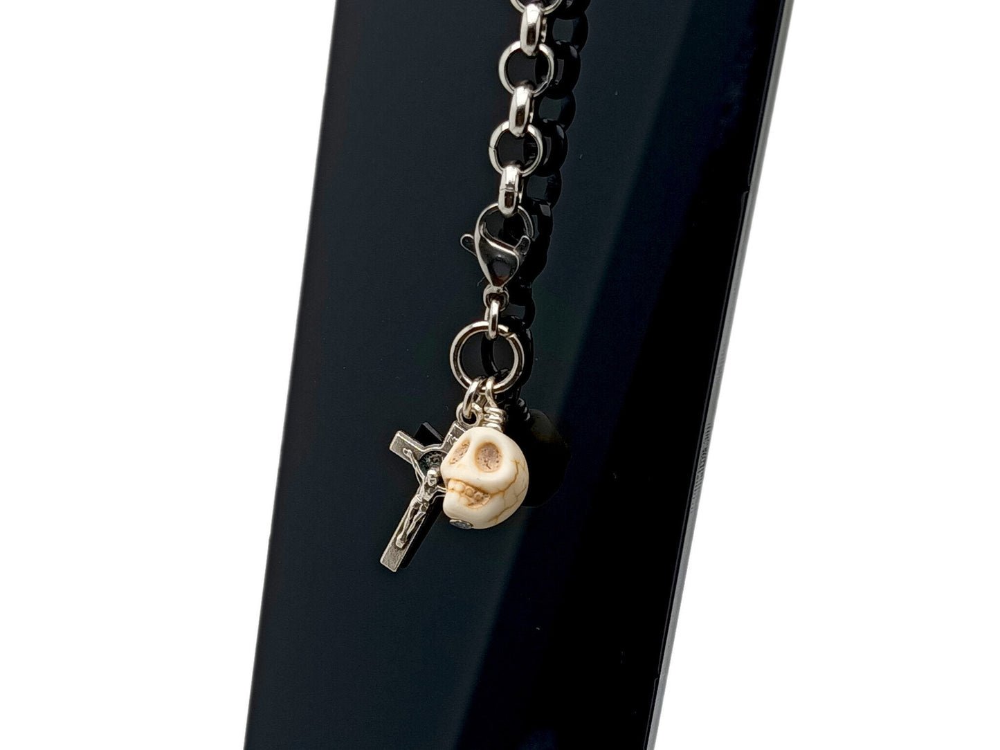 Memento Mori unique rosary beads purse clip keychain with Saint Benedict crucifix and a stainless steel lobster clasp.