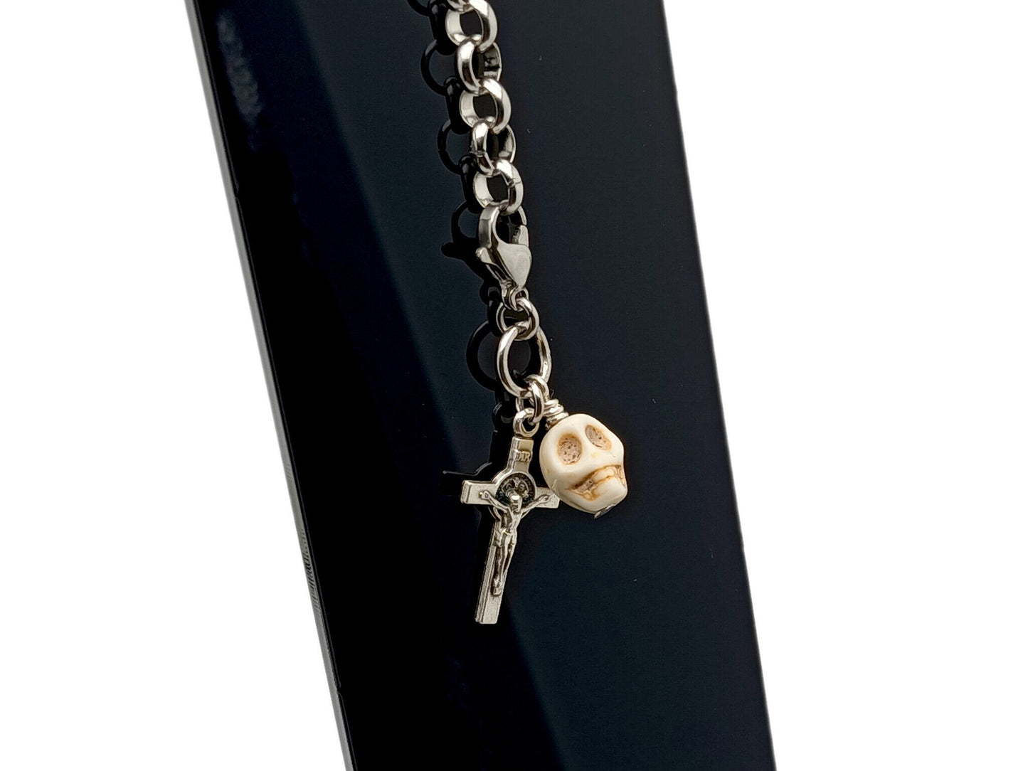 Memento Mori unique rosary beads purse clip keychain with Saint Benedict crucifix and a stainless steel lobster clasp.