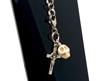 Memento Mori unique rosary beads purse clip keychain with Saint Benedict crucifix and a stainless steel lobster clasp.