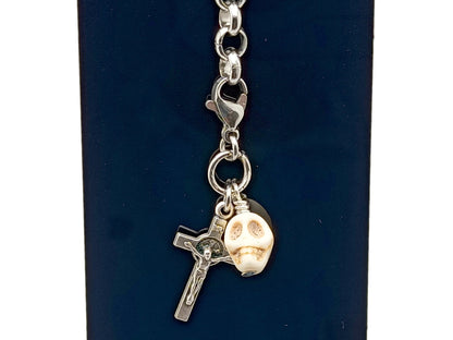 Memento Mori unique rosary beads purse clip keychain with Saint Benedict crucifix and a stainless steel lobster clasp.