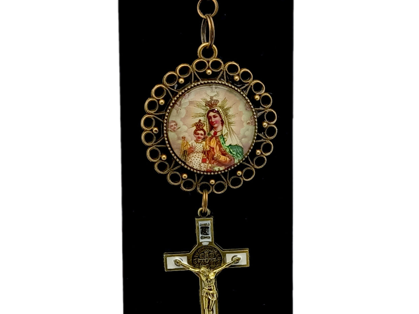 Our Lady of Mount unique rosary beads Carmel brown scapular key chain purse clip with enamel Saint Benedict brass crucifix.