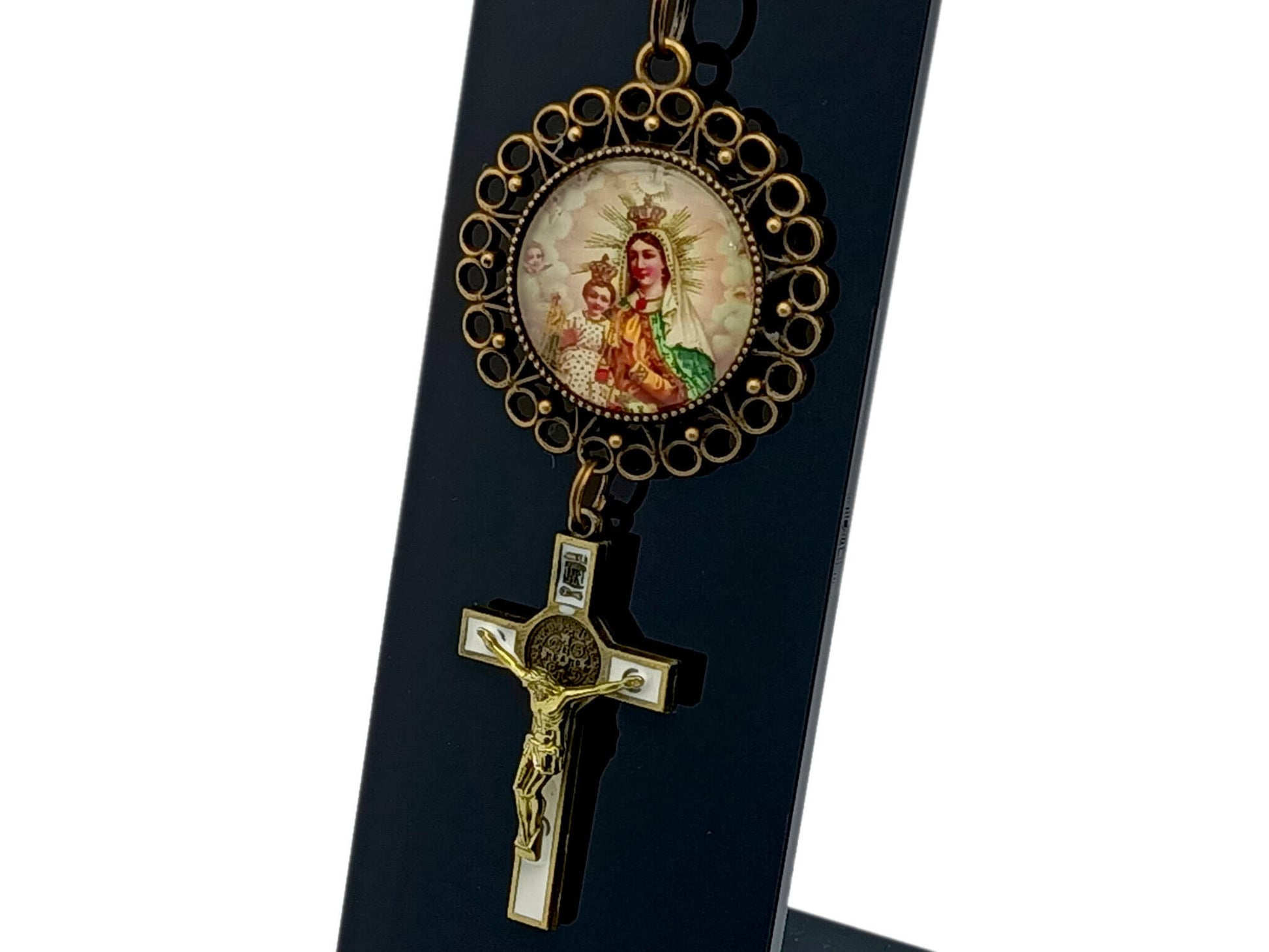 Our Lady of Mount unique rosary beads Carmel brown scapular key chain purse clip with enamel Saint Benedict brass crucifix.
