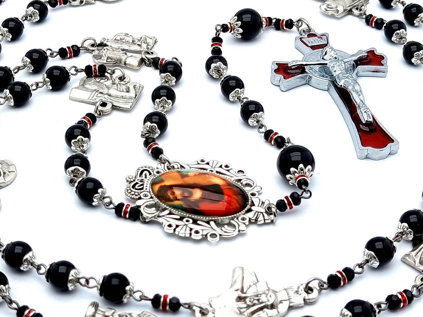 Stations of the Cross unique rosary beads onyx gemstone prayer chaplet with red enamel Saint Benedict stainless steel crucifix.