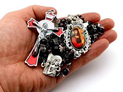 Stations of the Cross unique rosary beads onyx gemstone prayer chaplet with red enamel Saint Benedict stainless steel crucifix.