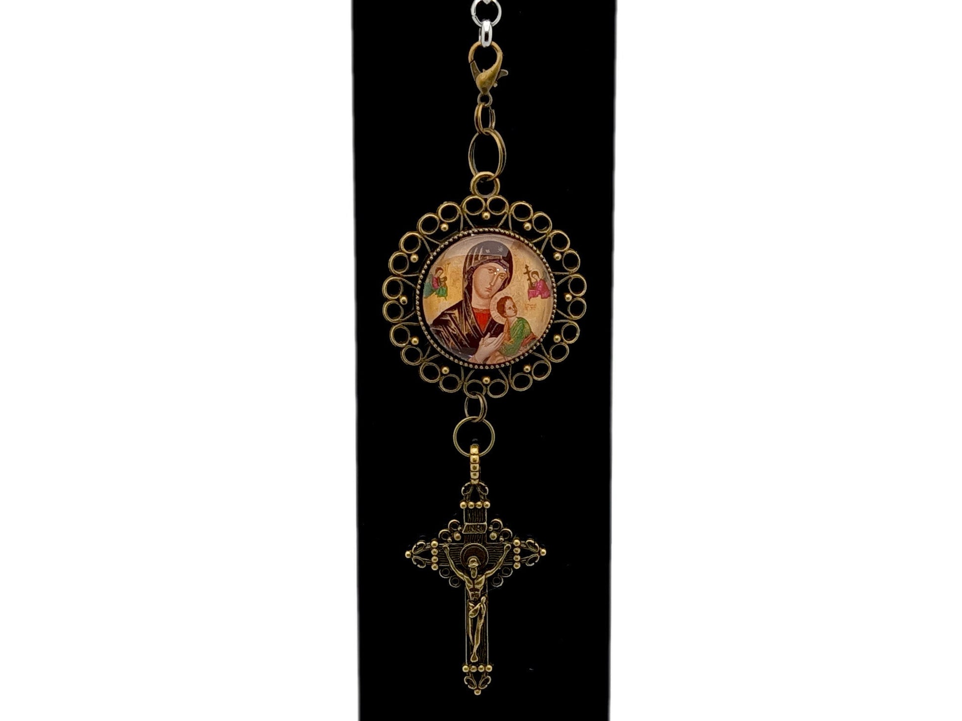 Our Lady of Perpetual Succour unique rosary beads purse clip key chain with brass crucifix.