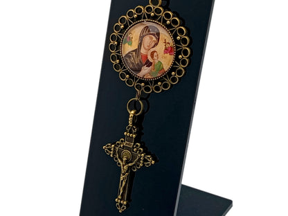 Our Lady of Perpetual Succour unique rosary beads purse clip key chain with brass crucifix.