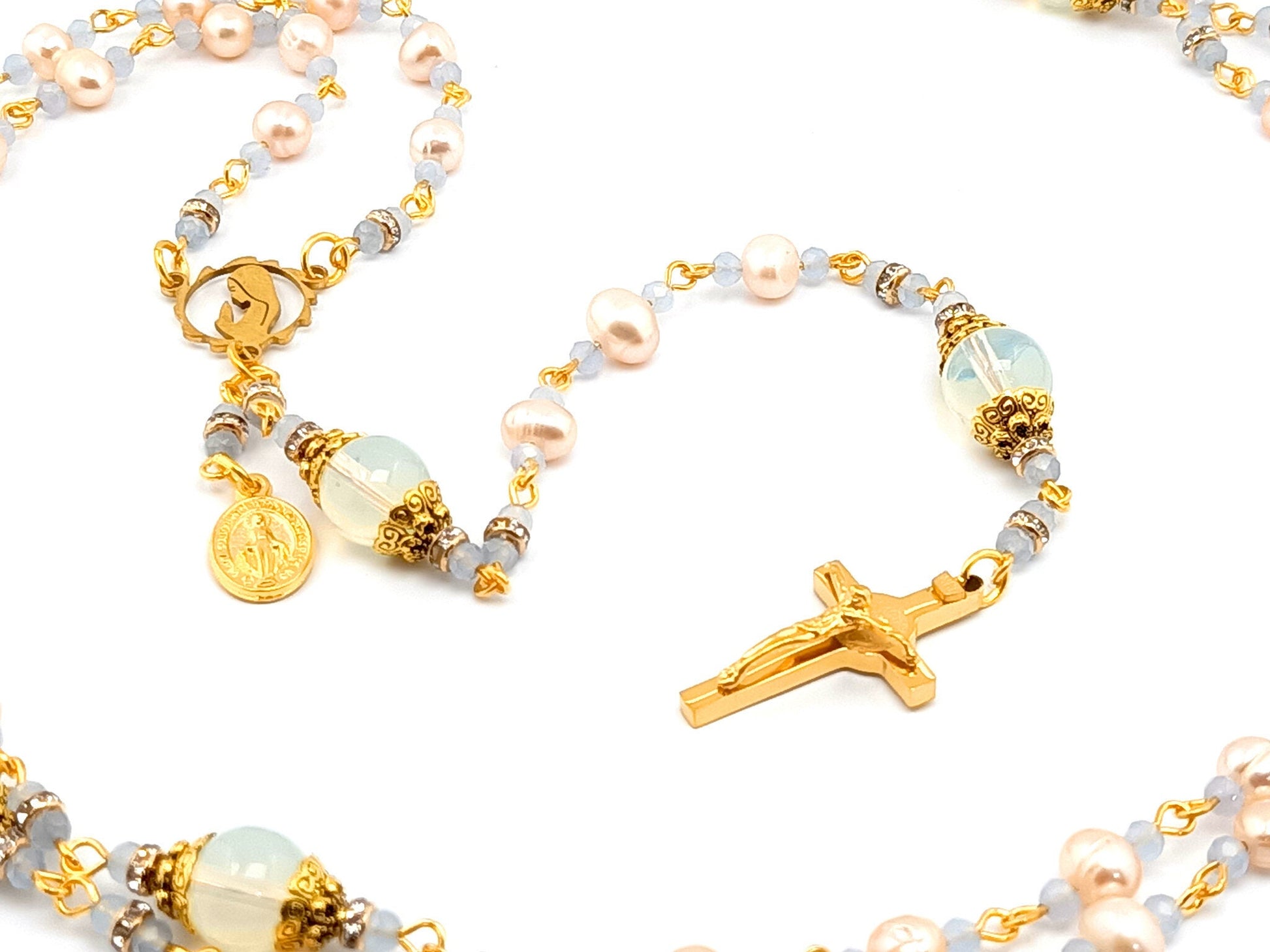 Virgin Mary unique rosary beads freshwater pearls and opal gemstone rosary beads with gold plated stainless steel Saint Benedict crucifix.