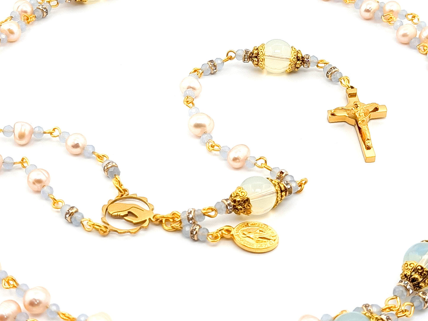 Virgin Mary unique rosary beads freshwater pearls and opal gemstone rosary beads with gold plated stainless steel Saint Benedict crucifix.