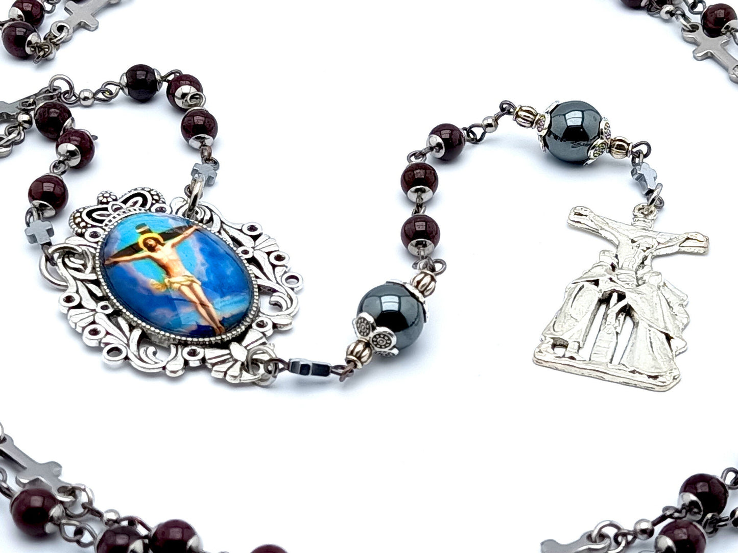 Stations of the Cross unique rosary beads garnet gemstone prayer chaplet with Saint John and Virgin crucifix with stainless steel cross beads.
