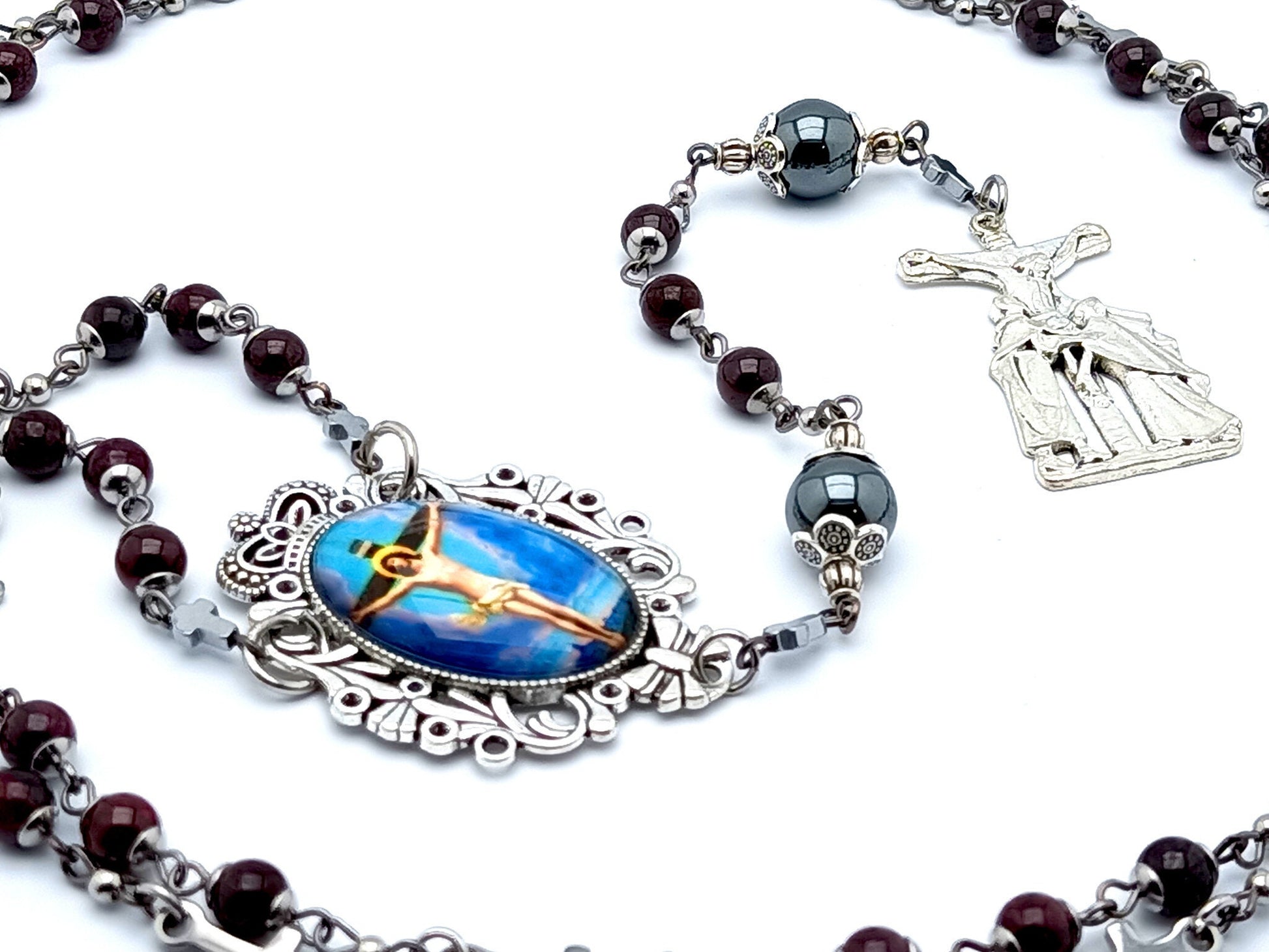 Stations of the Cross unique rosary beads garnet gemstone prayer chaplet with Saint John and Virgin crucifix with stainless steel cross beads.