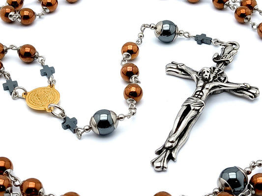 Saint Benedict unique rosary beads copper and grey hematite gemstone rosary beads with stainless steel crucifix and hematite linking cross beads.