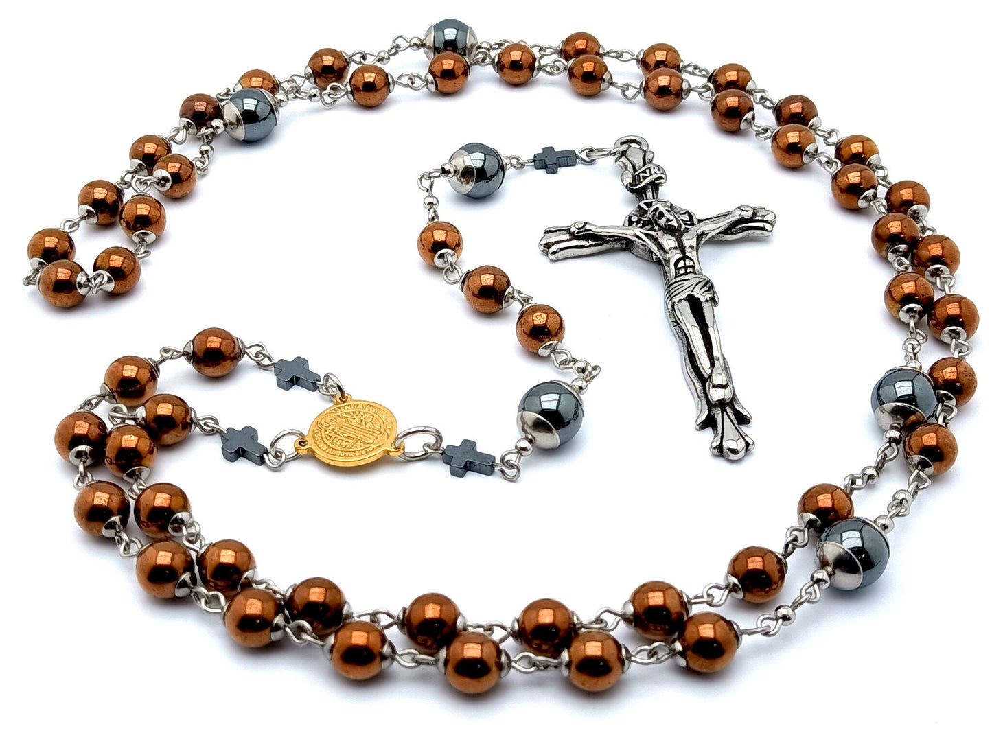 Saint Benedict unique rosary beads copper and grey hematite gemstone rosary beads with stainless steel crucifix and hematite linking cross beads.