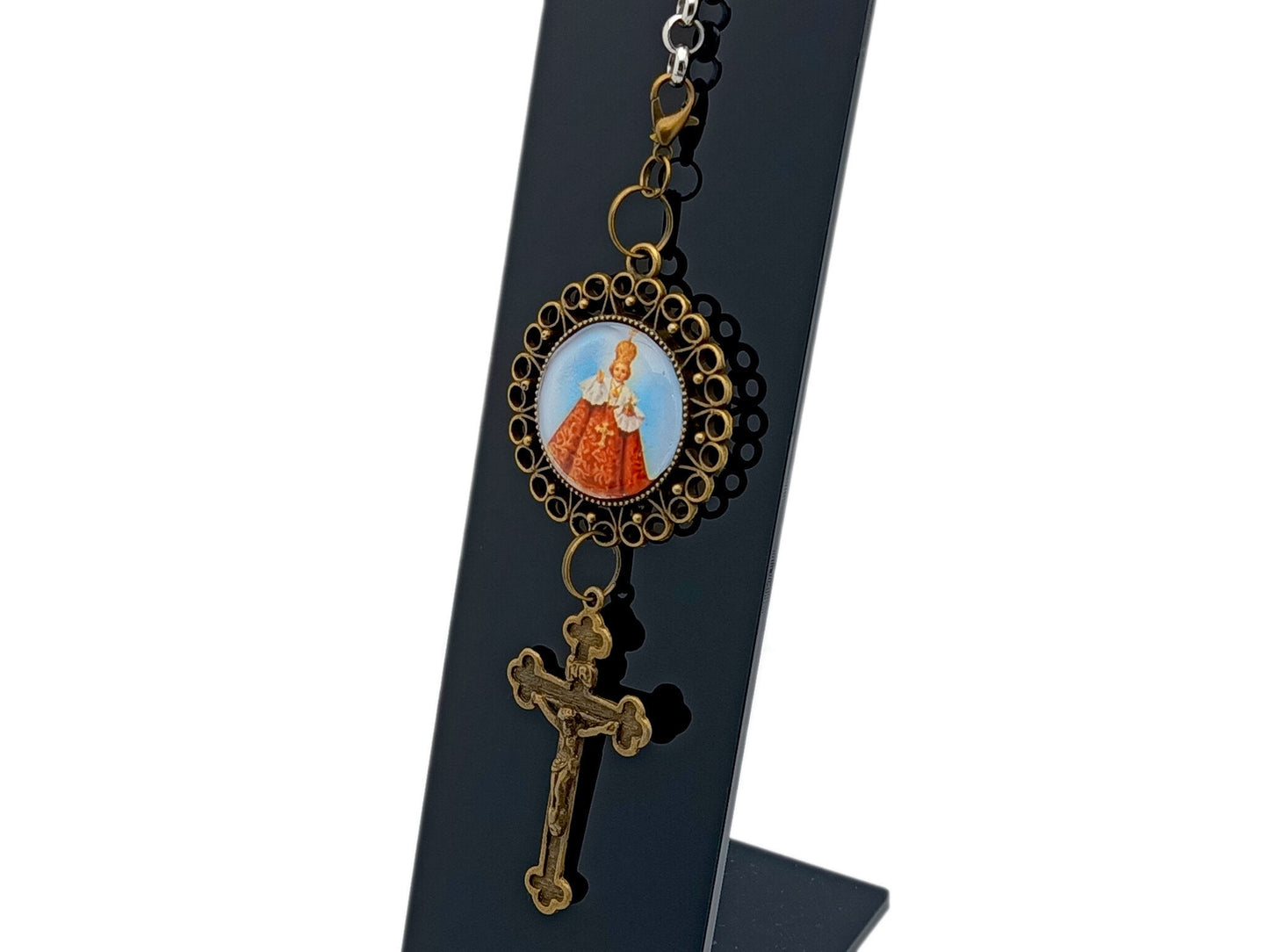 Vintage style Infant of Prague unique rosary beads purse clip key chain with brass crucifix.