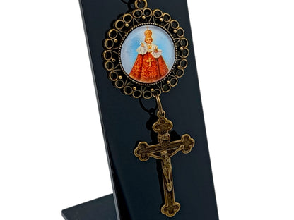 Vintage style Infant of Prague unique rosary beads purse clip key chain with brass crucifix.