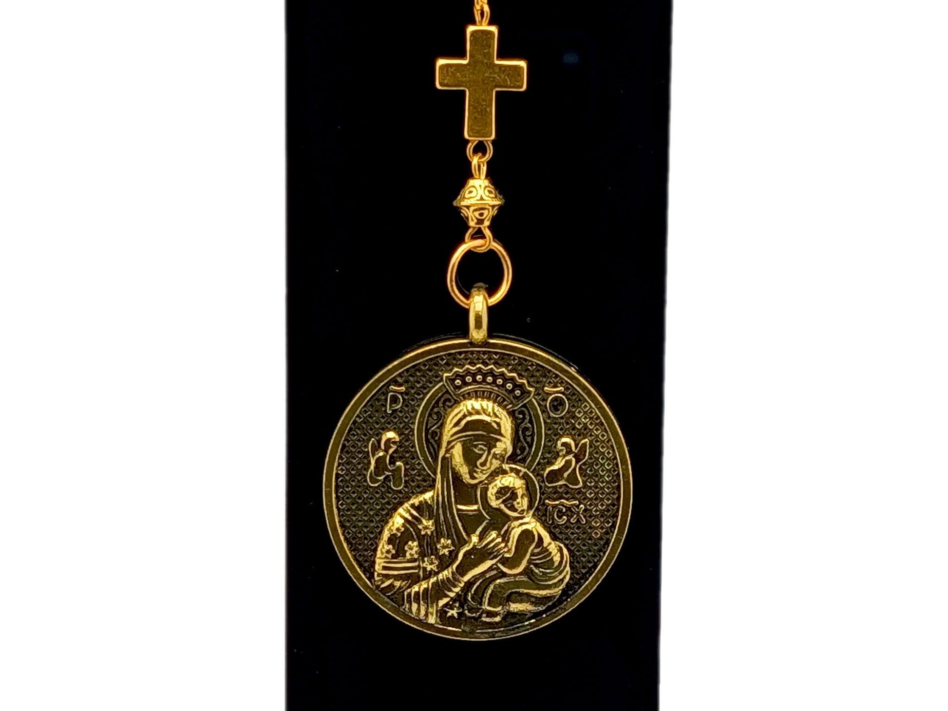 Antique gold Our Lady of Perpetual Help unique rosary beads purse clip key chain with linking gold cross.
