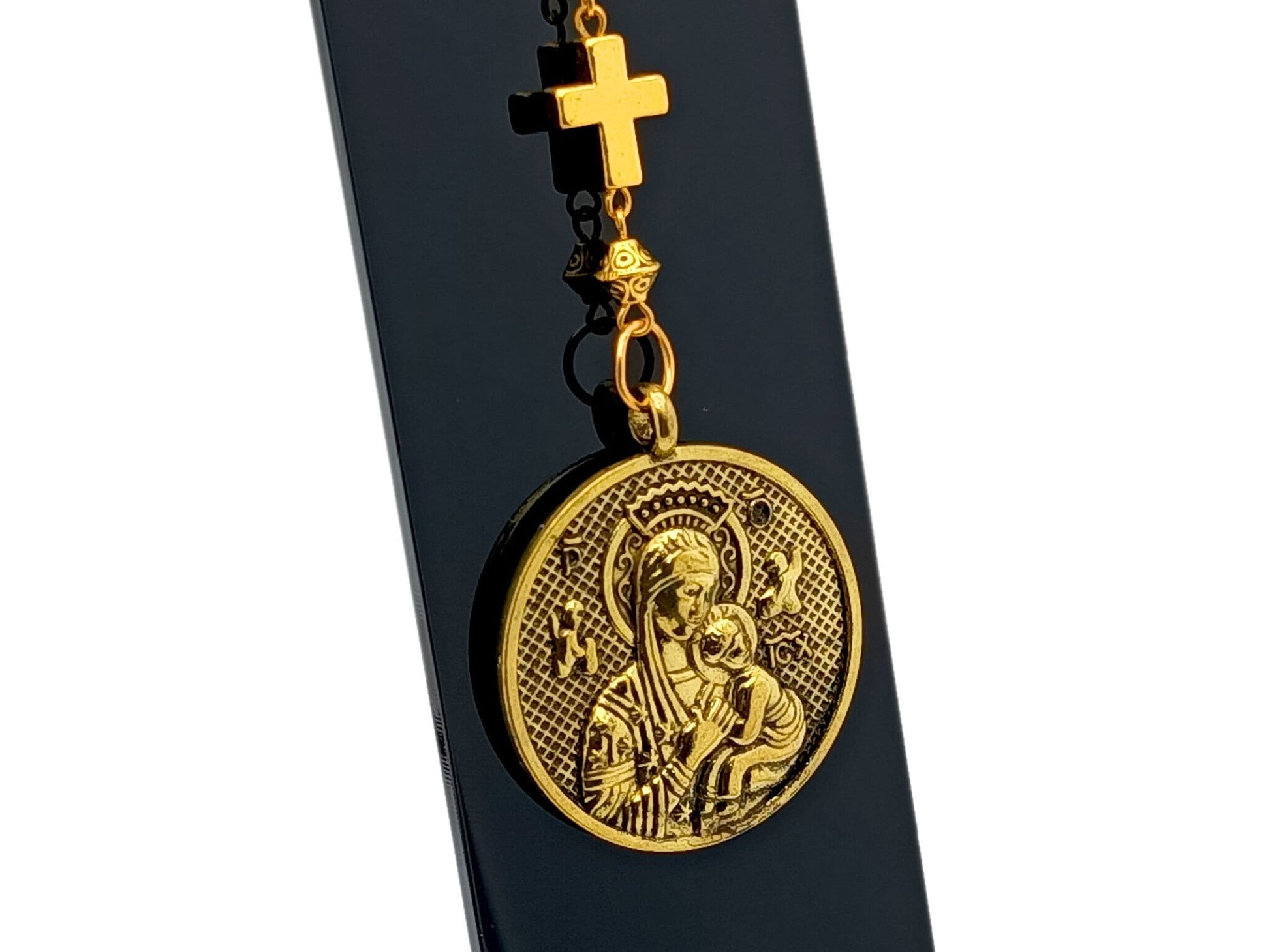 Antique gold Our Lady of Perpetual Help unique rosary beads purse clip key chain with linking gold cross.
