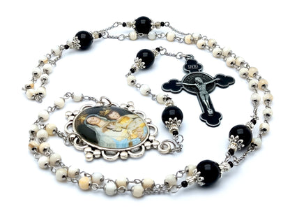 Crowned Virgin And Child unique rosary beads mother of pearl and onyx gemstone rosary beads with black enamel and pewter Saint Benedict crucifix.