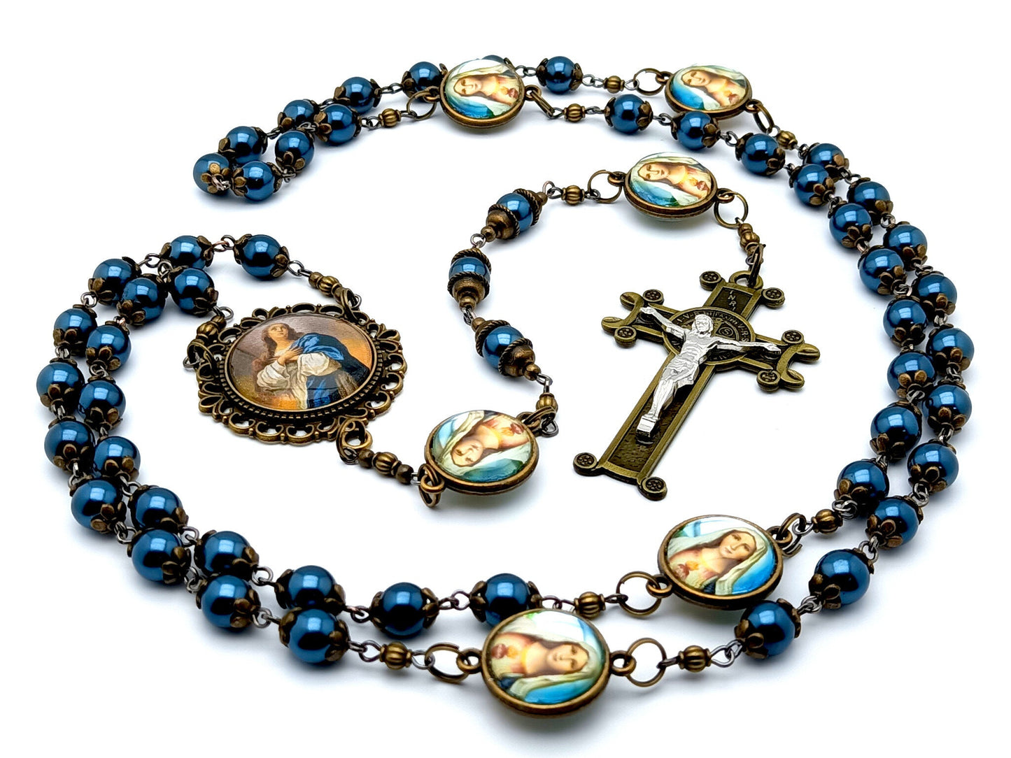 The Annunciation of Mary unique rosary beads pearlised glass vintage style rosary beads with brass and silver Saint Benedict crucifix.
