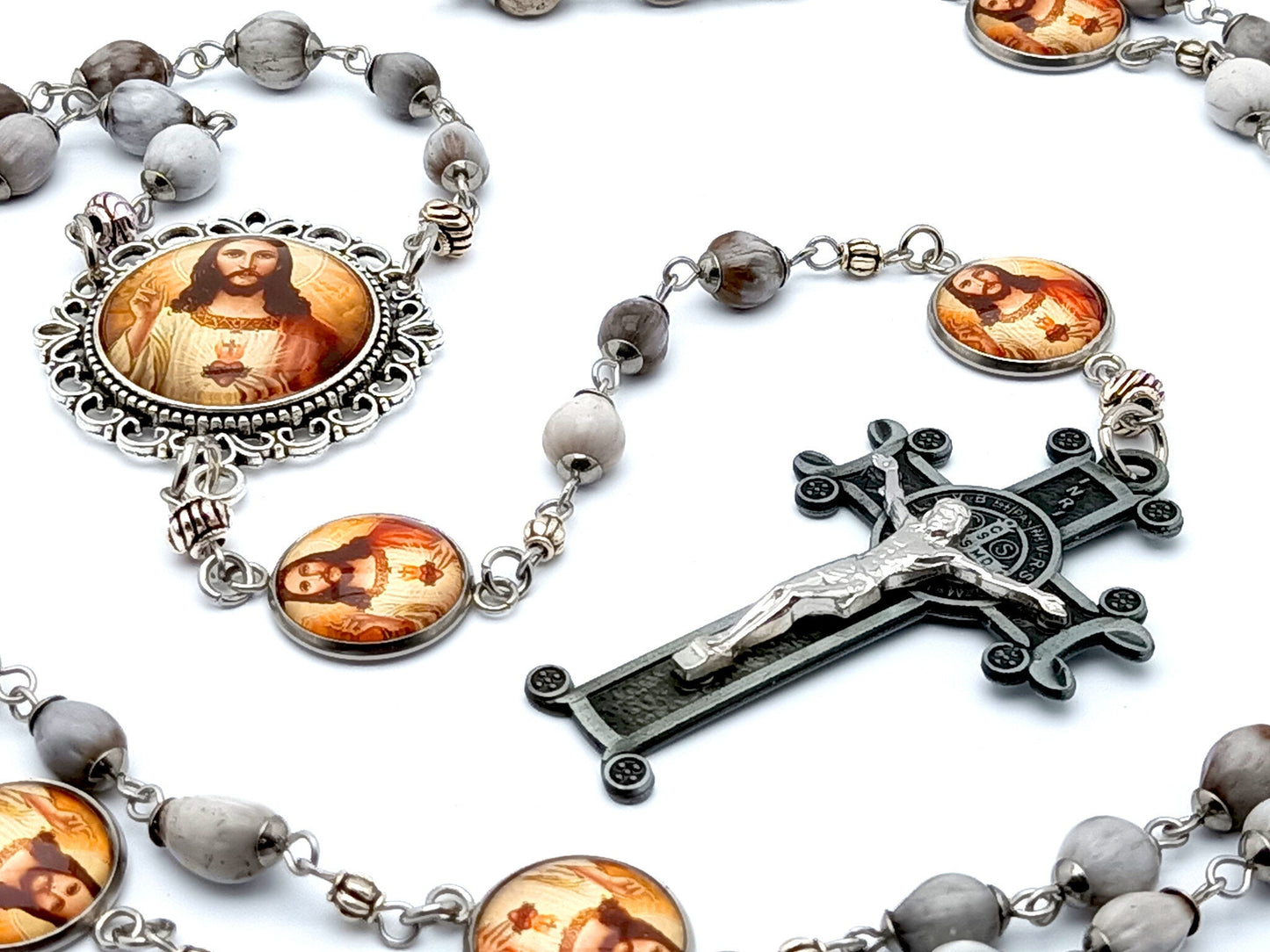 Sacred Heart of Jesus unique rosary beads Jobs tears and stainless steel rosary beads with pewter style Saint Benedict crucifix.