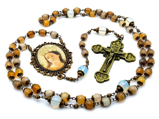 Our Lady Queen of Heaven unique rosary beads agate and opal gemstone vintage style rosary beads with large bronze twelve Apostles crucifix.