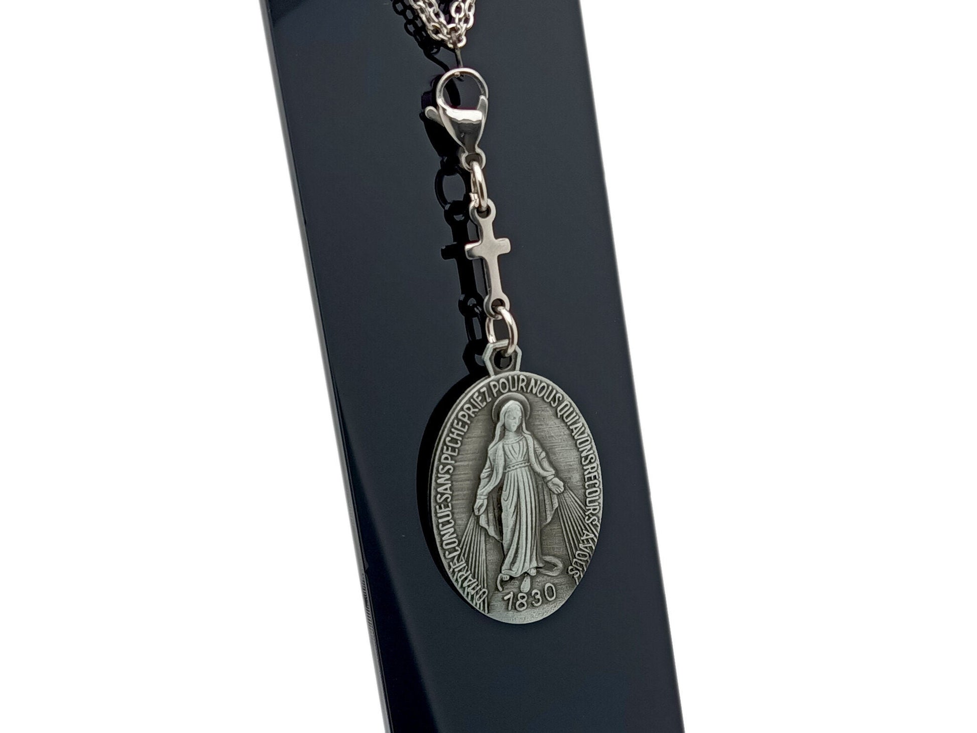 Large Miraculous medal unique rosary beads purse clip key chain with stainless steel linking cross.