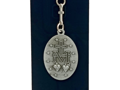 Large Miraculous medal unique rosary beads purse clip key chain with stainless steel linking cross.