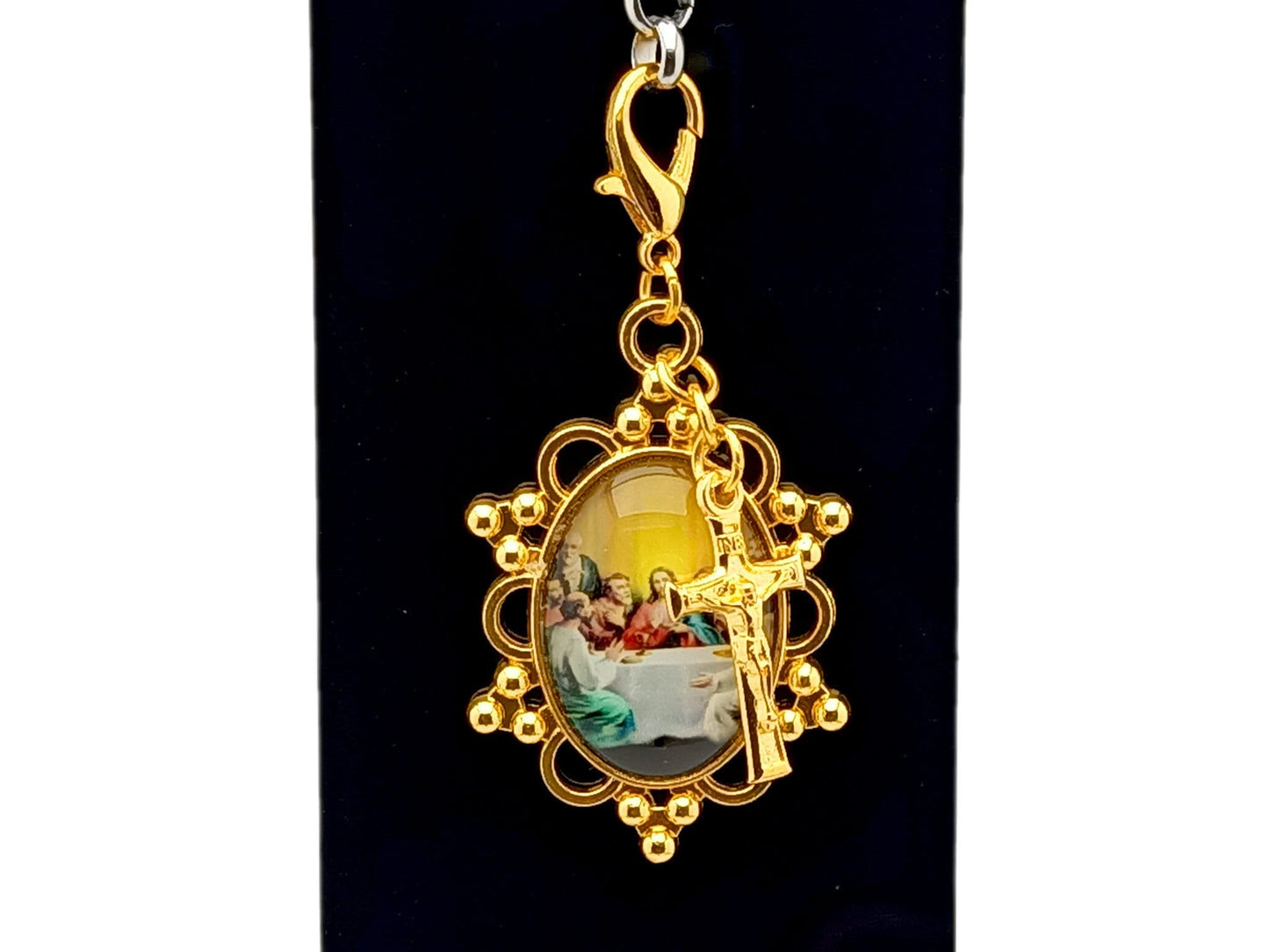 Last supper gilt picture medal unique rosary beads purse clip key chain with gilt crucifix.