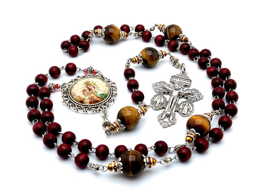 Our Lady of Mount Carmel unique rosary beads mulberry wood and tigers eye gemstone rosary beads with pardon crucifix.