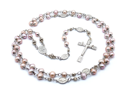 Holy Spirit and Miraculous medal unique rosary beads pink freshwater pearl rosary beads with silver Resurrection crucifix.