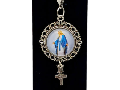 Our Lady of Grace domed picture medal unique rosary beads purse clip key chain with Holy Spirit and Sacred Heart cross.