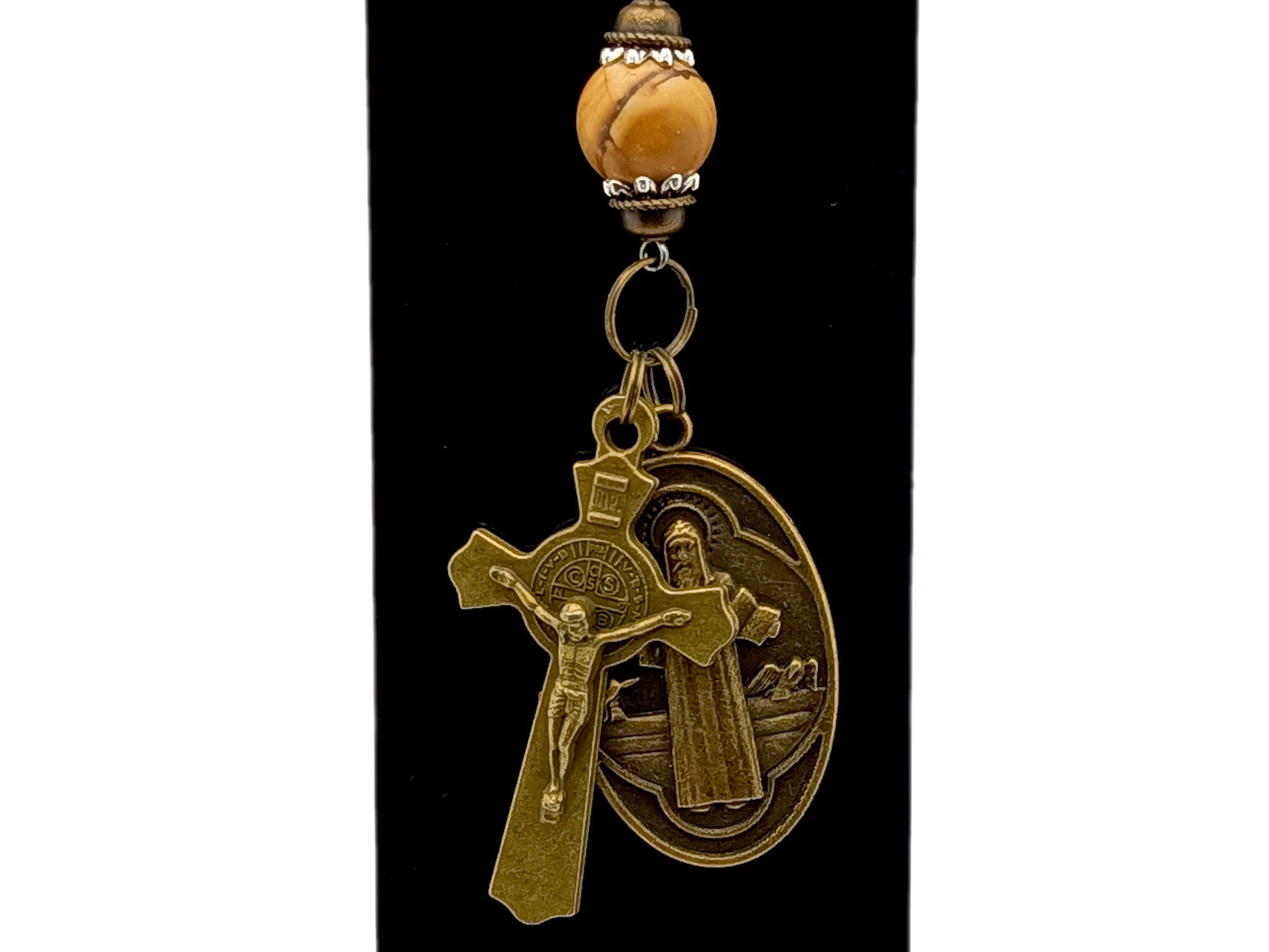 Vintage Saint Benedict medal and crucifix unique rosary beads purse clip key chain with sandwood gemstone bead.
