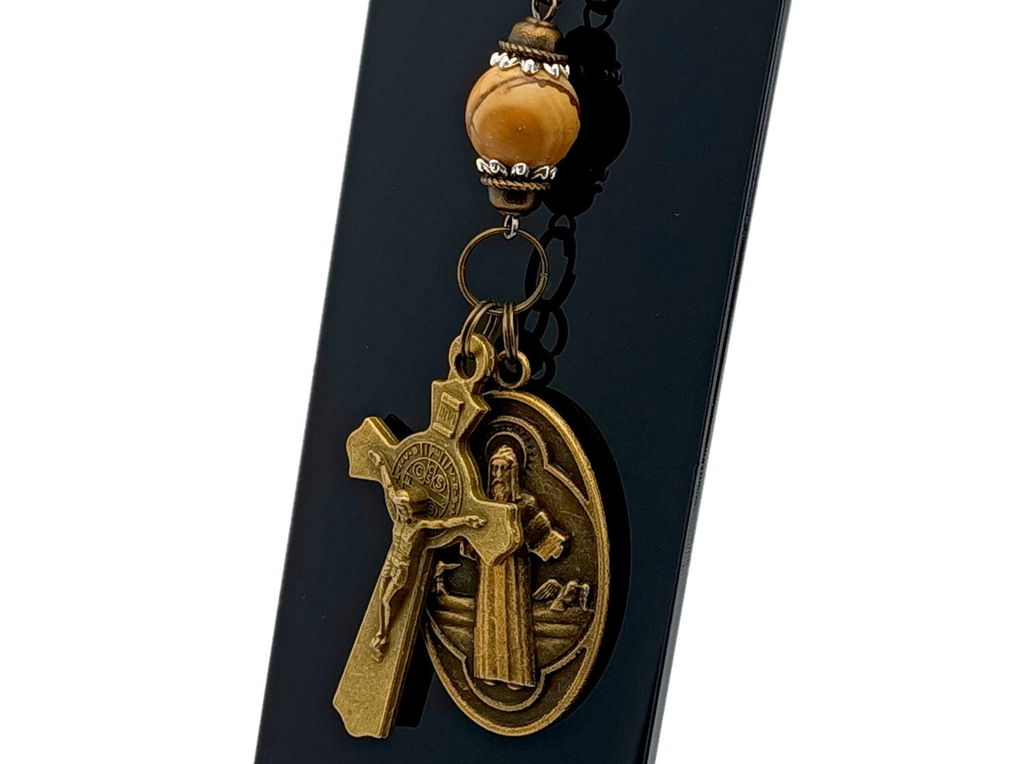 Vintage Saint Benedict medal and crucifix unique rosary beads purse clip key chain with sandwood gemstone bead.