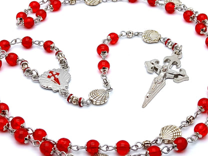 Saint James unique rosary beads with red glass beads and Santiago de Compostela pilgrim shell beads and Saint James crucifix.