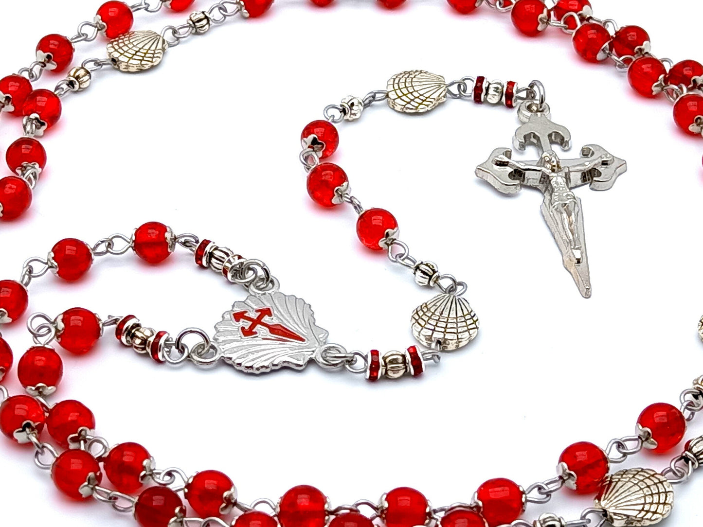 Saint James unique rosary beads with red glass beads and Santiago de Compostela pilgrim shell beads and Saint James crucifix.