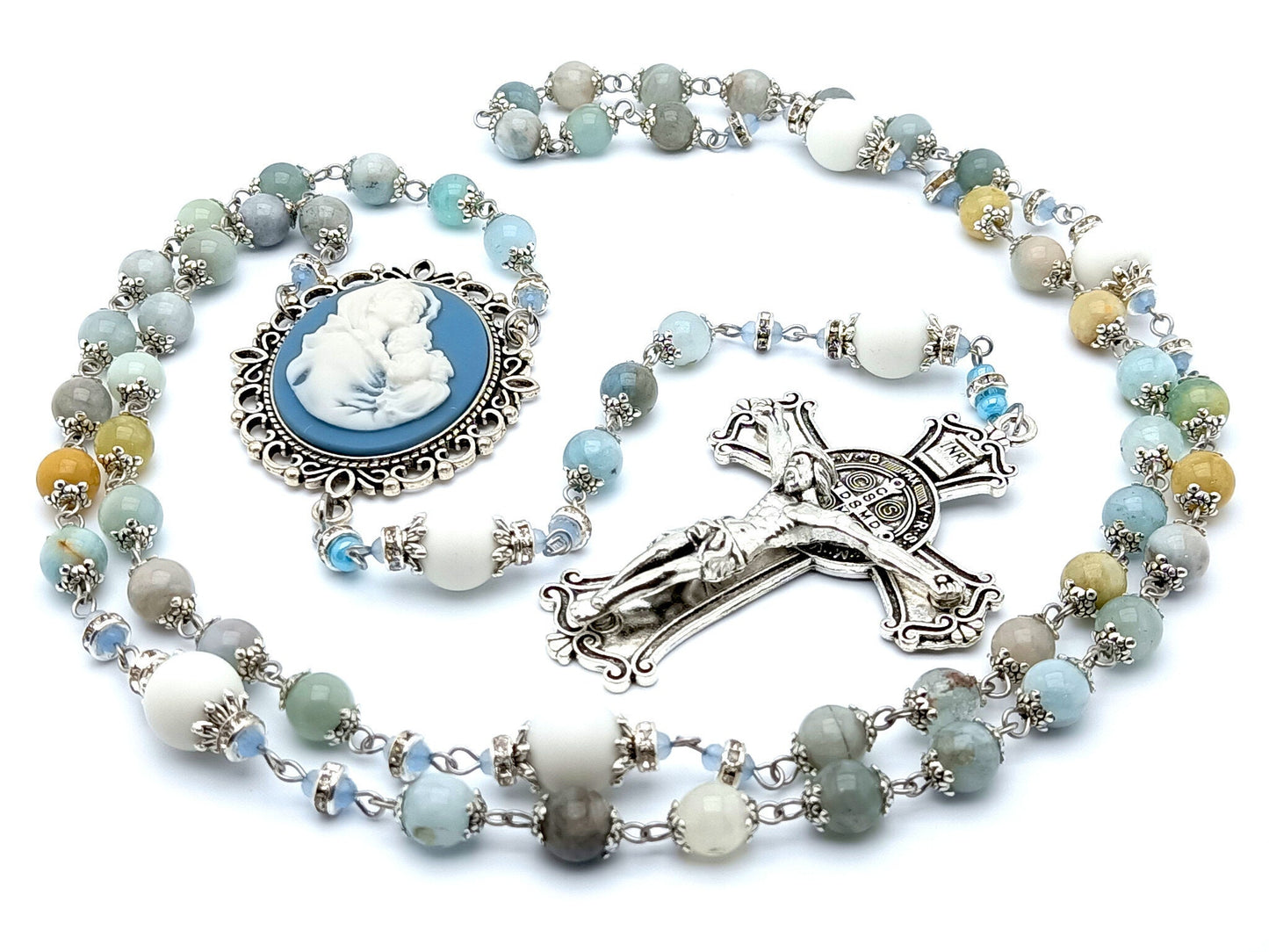 Mary and Jesus cameo unique rosary beads with aquamarine and alabaster gemstone rosary beads and Saint Benedict crucifix.