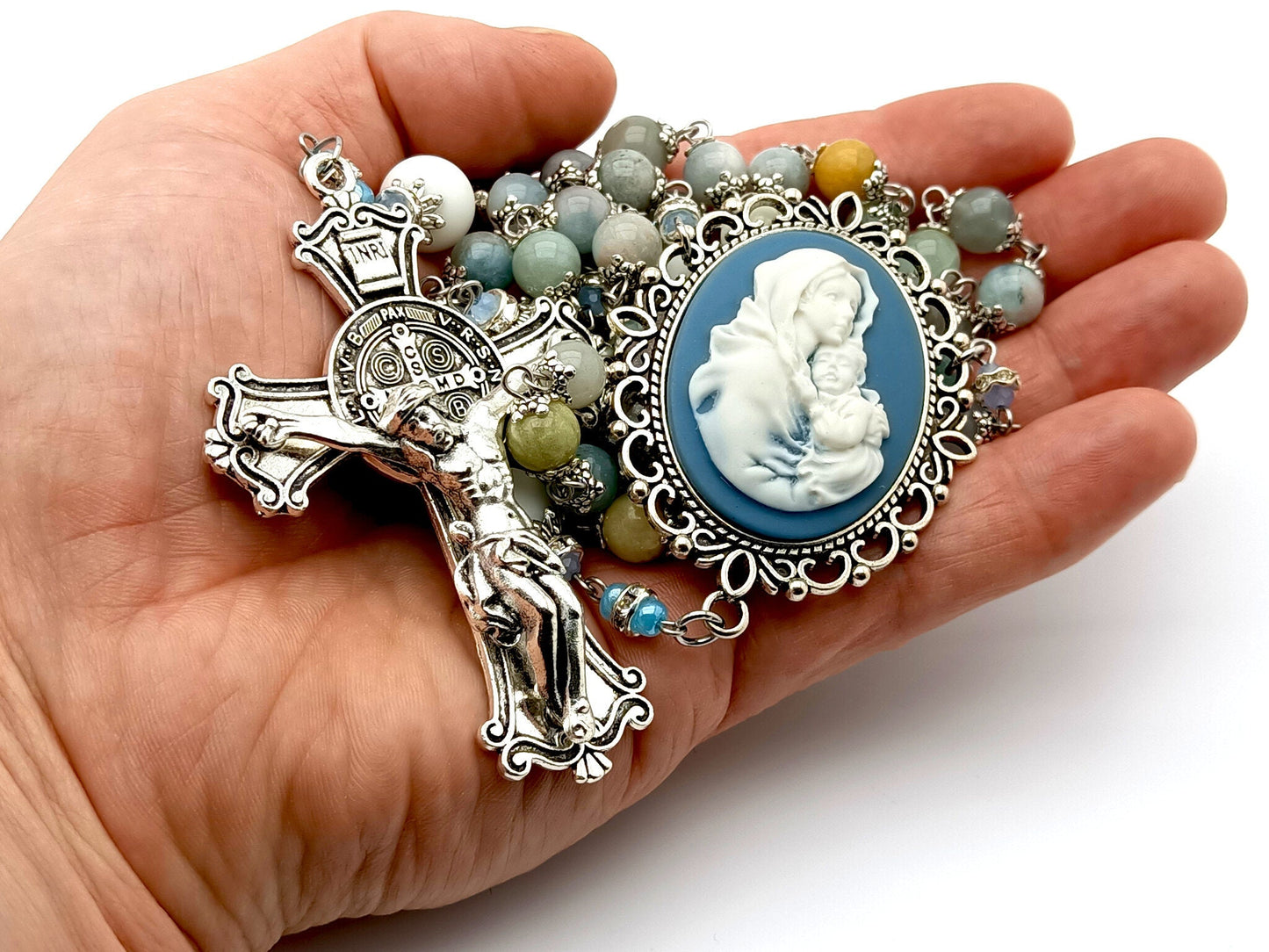 Mary and Jesus cameo unique rosary beads with aquamarine and alabaster gemstone rosary beads and Saint Benedict crucifix.