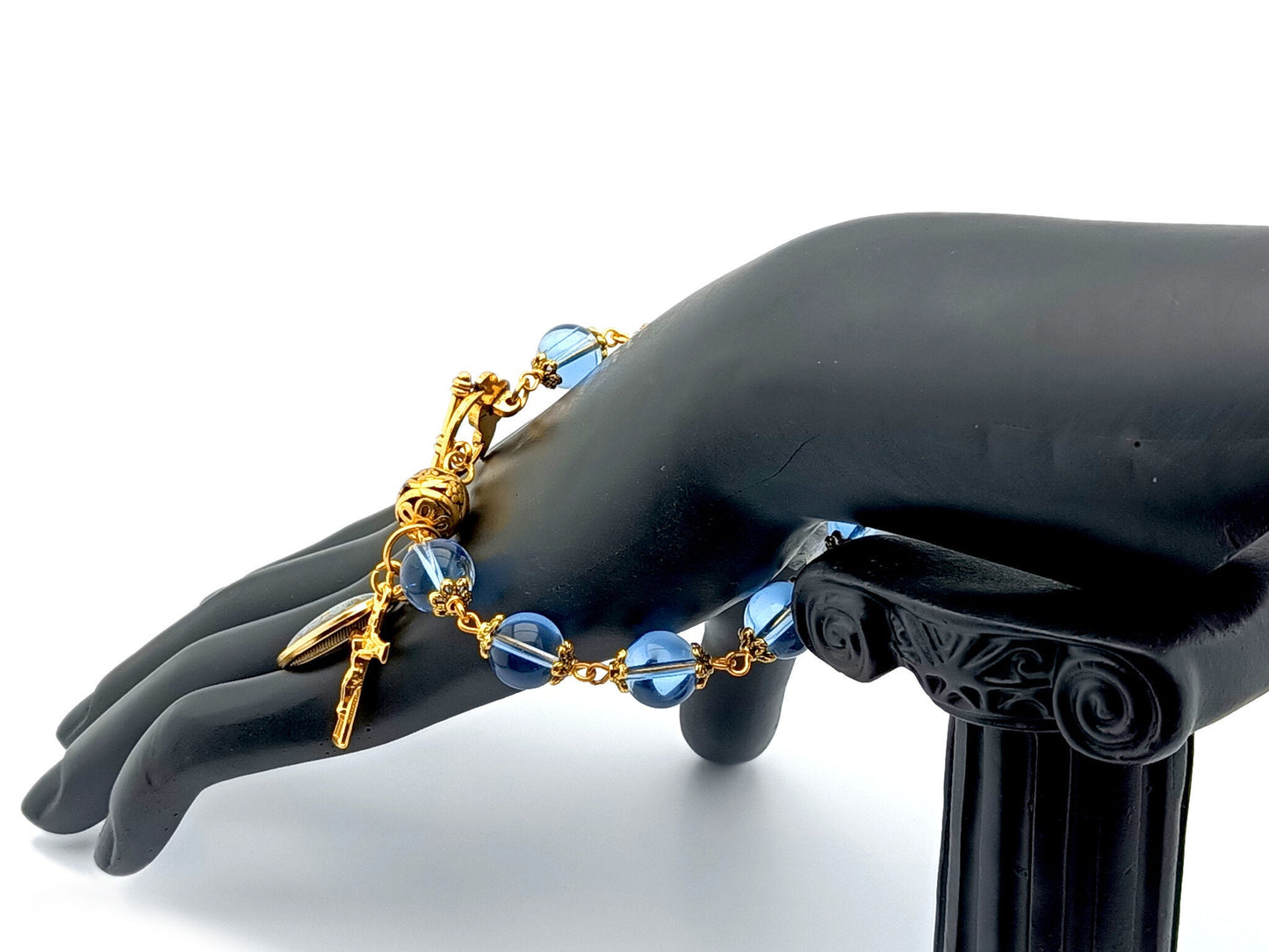 Our Lady of Lourdesunique rosary beads single decade rosary bracelet with gold and blue glass beads and gold crucifix.