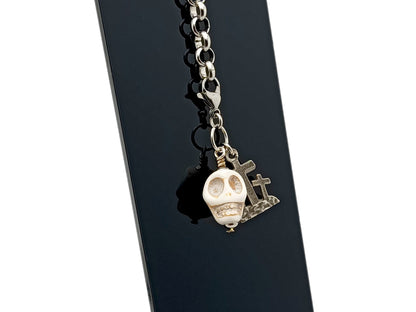 Large Memento Mori unique rosary beads howlite purse clip key fob key chain with stainless steel lobster clasp and three cross medal.