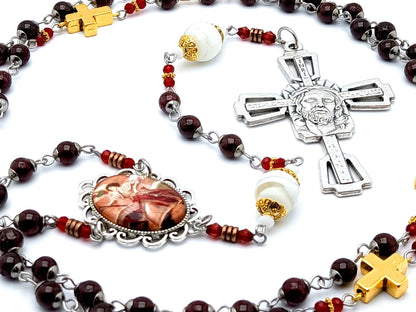 Saint Joan of Arc unique rosary beads with garnet gemstone, blown glass bead and gold linking cross beads and Crowning of Thorns crucifix.