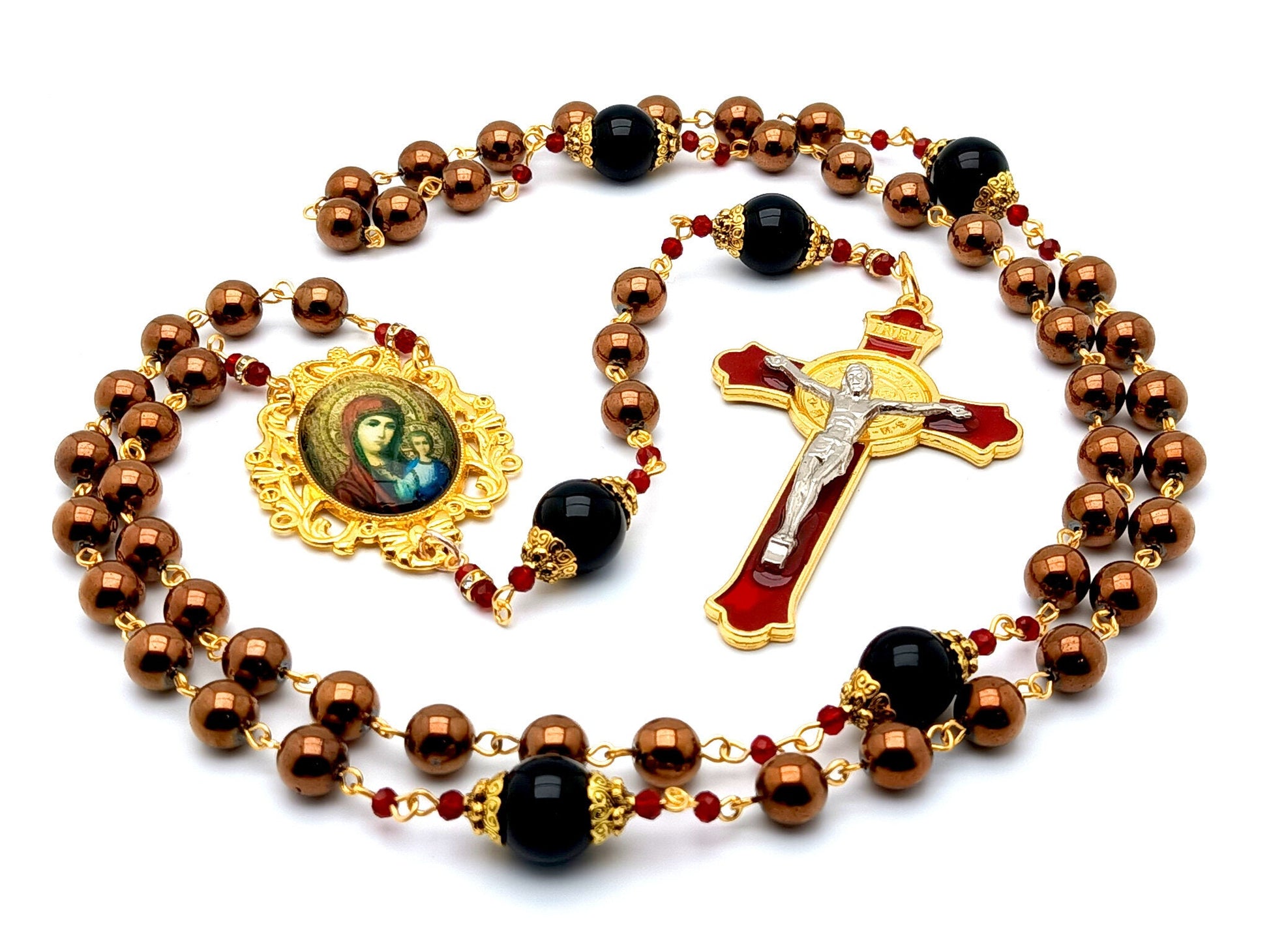 Our Lady of Perpetual Help unique rosary beads with hematite and onyx gemstone beads and red and gold enamel Saint Benedict crucifix.